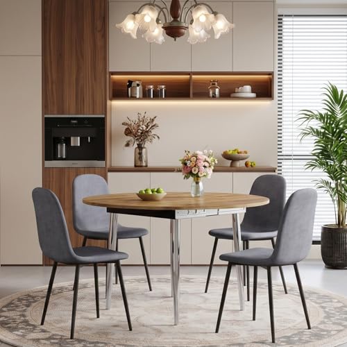 Image of FURNITO Modern Dining Table Set for 4, 42 inch-54 inch Extendable Round to Oval Dining Table, Kitchen & Dining Room Set with Wood Grain Top and 4 Fabric Upholstered Chairs, Space-Saving, Easy Assembly