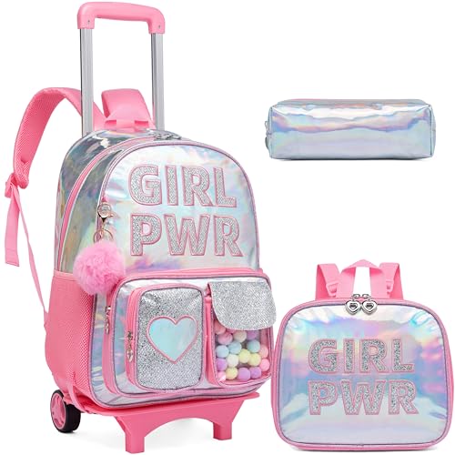 Image of HTgroce Rolling Backpack with Wheel,School Backpack for Kids Girl Roller Schoolbag Wheeled Backpacks Set Carry-on Luggage,Pink