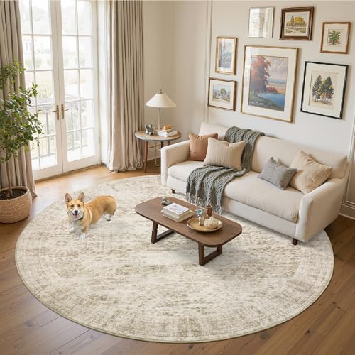 Soalmost 8x8 Beige Round Rug 8ft Living Room Rug Vintage Round Area Rug Non Slip Indoor Carpet for Apartment