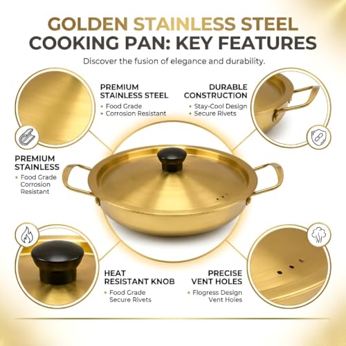 Image of Golden Stainless Steel Rice Cooker 1 Liter with Strainer Lid, Rice Boiler Pot, Induction Base, Gold Finish Traditional Indian Cooking Serving Pot Bowl