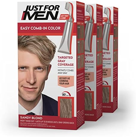 Just For Men Easy Comb-In Color Mens Hair Dye, Easy No Mix Application with Comb Applicator - Sandy Blond, A-10, Pack of 3