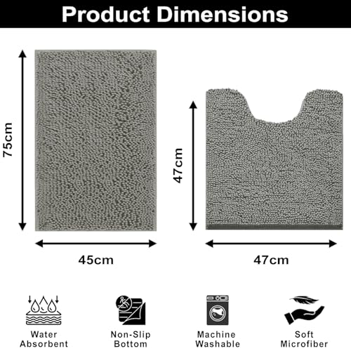Image of LUXEHOME International Microfibre Chenille Contour Bath Mat Set for Bathroom, Anti Slip Super Absorbent Quick Dry Washable Bathroom Mats, Solid (Grey 45x75cm & 47x47cm) Pack of 2