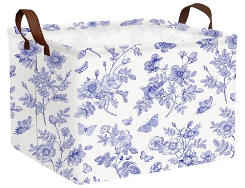 Image of Large Blue Chinoiserie Willow Butterfly Decor Basket Collapsible Storage Bin (Floral)