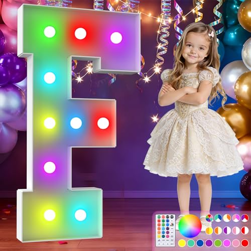 Image of 3FT Colorful Marquee Letters,18-Color Letter F with Remote Control Large Light Up Numbers Sign,Pre-Cut Foam Board Set for Party Decoration, Birthdays, Weddings, Graduations, Baby Anniversaries