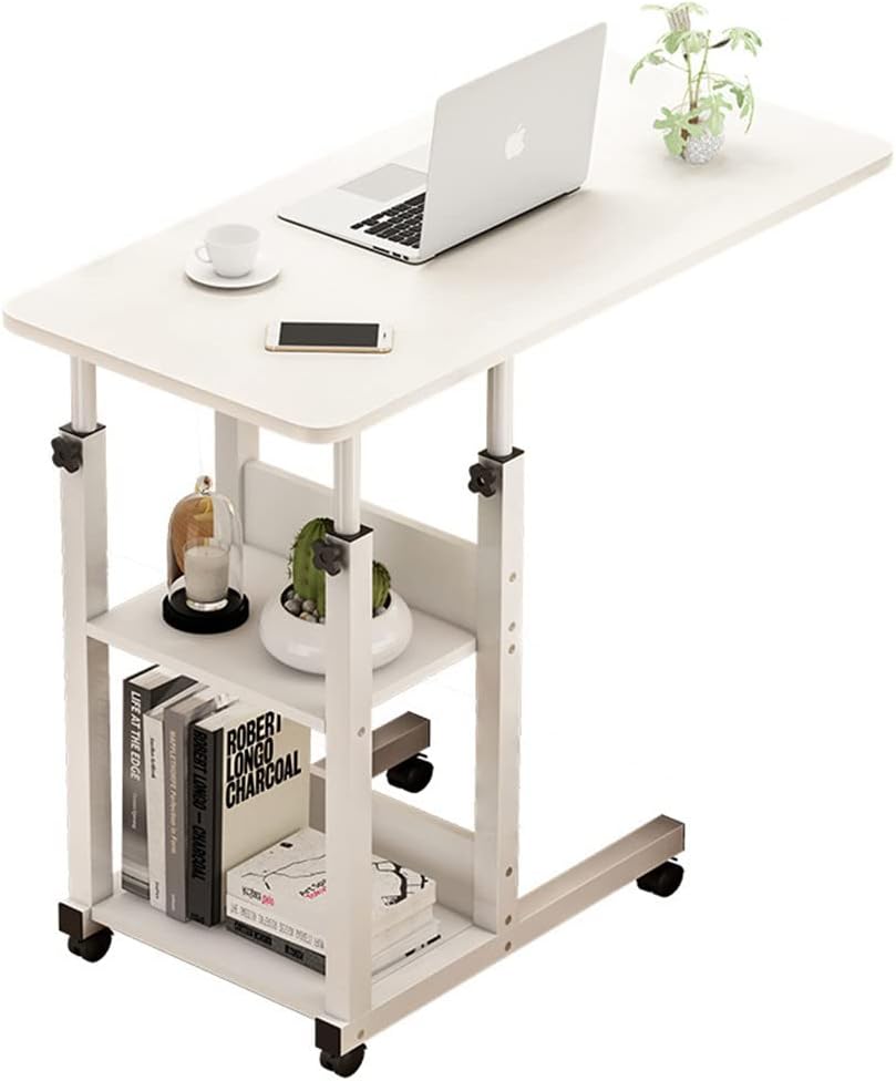 WANLIAN Side Table C Shaped End Table with Lockable Wheels Height Adjustable Mobile Couch Desk Table,Sofa Bedside Laptop Stand TV Tray with Storage Shelves, Snack Side Table (White)