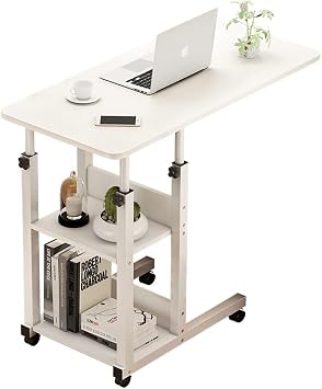 WANLIAN Side Table C Shaped End Table with Lockable Wheels Height Adjustable Mobile Couch Desk Table,Sofa Bedside Laptop Stand TV Tray with Storage Shelves, Snack Side Table (White)
