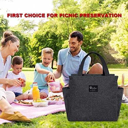 NCOALE Insulated Lunch Bag, Thermal Lunch Tote Bags Wide Open Insulated Cooler Bag with Two Side Pockets, Water-Resistant Thermal Leak-Proof Lunch Organizer for Men Women and Work Picnic (Black)