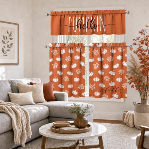 Image of Fall Pumpkin Kitchen Curtains 3 Piece Set Tier Valance | Thanksgiving Orange Kitchen Curtain Set Includes 54x18in Valance and Two 27.5x36in Tier Curtains for Kitchen Window Decor