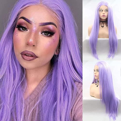 Perruque violet pastel naturelle avec dentelle frontale ajustable 61 cm