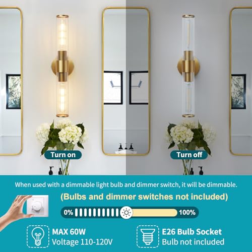 Image of Hardwired Bathroom Light Fixtures, Gold Wall Sconce in Threaded Glass Indoor Wall Sconces, Modern Bathroom Vanity Light Up and Down Sconces Wall Lighting for Living Room, Bulb Not Included