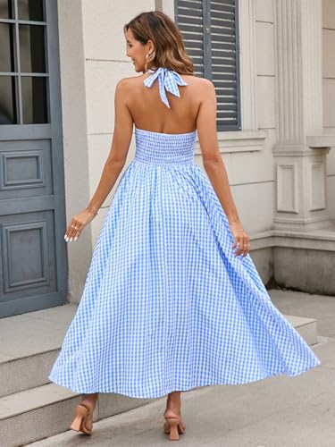 Image of Parthea Women's Gingham Halter V Neck Midi Dress Corset Smocked Sundress Flowy A Line Wedding Guest Dresses