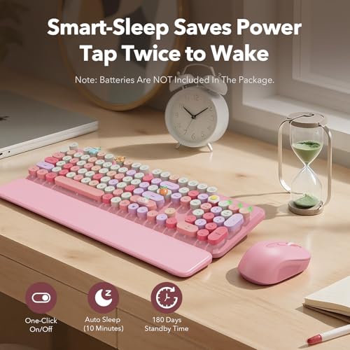Image of Wireless Keyboard and Mouse Combo, Cute Retro Typewriter Keyboard with Round Keycaps, Full-Size Aesthetic Keyboard with Magnetic Wrist Rest, 2.4GHz USB for Windows /Mac Desktop Laptop(Pink Multi-Color)