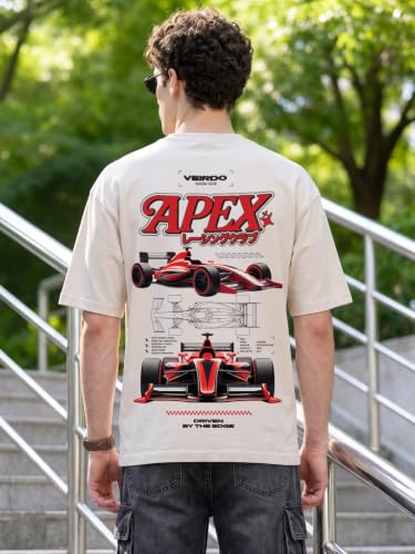 Image of Veirdo Men Bold Front & Back Printed Oversized Fit T-Shirt for Men, Cotton Fabric, Drop-Shoulder Streetwear Casual Graphic Tee, Stylish & Comfortable (OS VD APX SW S)