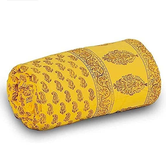 DEILYVERY Hand Made Gold & Silver Printed Jaipuri Razai Dark Blue Cotton Single &Double Bed Quilt Razai Rajasthani Jaipuri Quilt (Yellow Booti, Single)