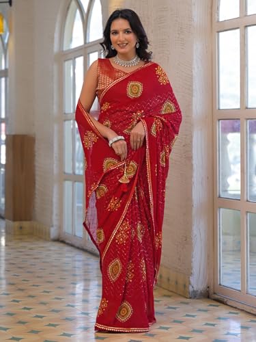 Image of SIRIL Women's Bandhani Printed Embroidery Georgette Saree with Unstitched Blouse Piece