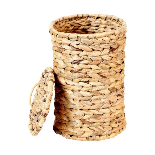 Bote De Basura Tejido | Frescura A Largo Plazo | 31,5 Cm X 19 Cm | Papelera Decorativa De Hierba De Calabaza | Bote De Basura Rústico Con Tapa | Elegancia De Textura Natural | Para Cocina Dormi