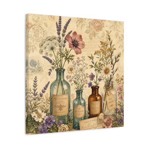 Toile florale vintage pour habiller un mur vide : tableau botanique crème de 50x50