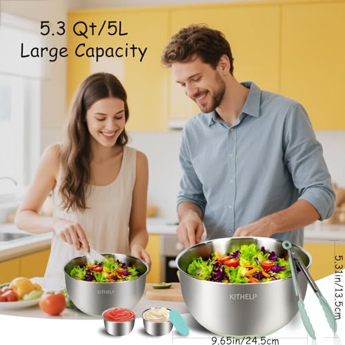 KITHELP Stainless Steel Salad Spinner Large, Vegetables Fruits Wash Bowl with Strainer, Lettuce Spinner Dryer for Efficient Salad Preparation 5.3Qt - Thumbnail 3