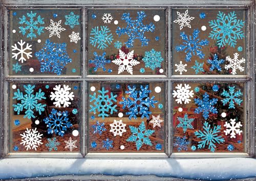 Whaline 9 Sheet Glitter Snowflake Winter Window Clings Christmas Blue White Snowflake Reusable Window Decals for Xmas Holiday Home School Office Glass Decor