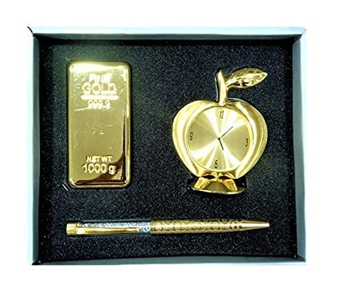 QUIRKMALL Golden Gift Set Premium Corporate Gift (3 in 1) with Apple Clock, Crystal Pen, Gold Bar Paper Weight (Golden)