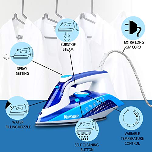 Plancha-de-Vapor-2400-W-ENSOBO-Planchas-Ropa-Professional-Golpe-de-Vapor-Max-300gr-y-Constante-40-grmin-Suela-Ceramica-Doble-Sistema-Antical-Antigoteo-Autoapagado-Azul-y-Blanco