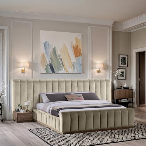 Image of Meridian Furniture AmaraCream-K133 Collection Modern | Contemporary King Bed, Ultra Luxe Cream 460 GSM Velvet, Natural Finish, Solid Wood Base and Inner Frame, 133 inch W x 99 inch D x 51 inch H, Cream, King