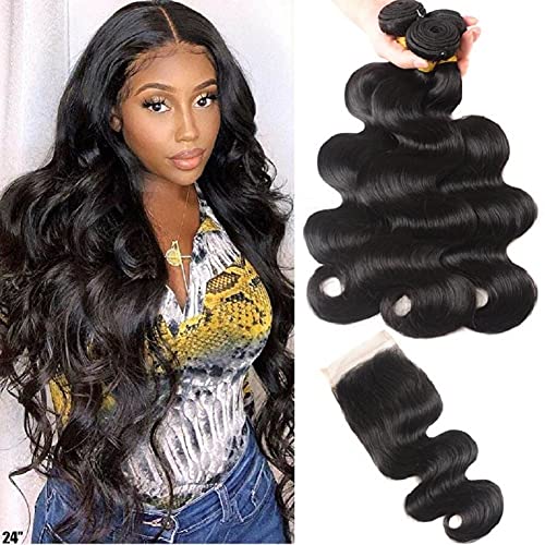 Brazilian Body Wave Bundles with Closure (22 24 26+20) 100% Virgin Human Hair Bundles with Closure Unprocessed Weave Hair Human Bundles with Closure Natural Black