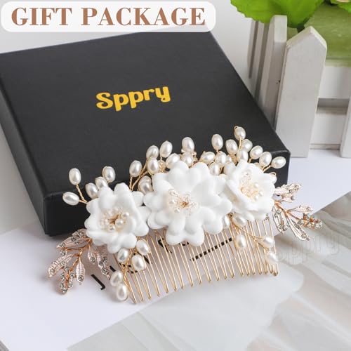 Peine para cabello con flores perladas y pedrería dorado miniatura 6
