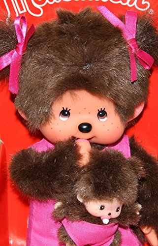 Sekiguchi 236200 - Original Monchhichi Mutter mit Baby, Plüschfigur mit pinkem Kleid und Schleife im Haar… – Ansicht 3