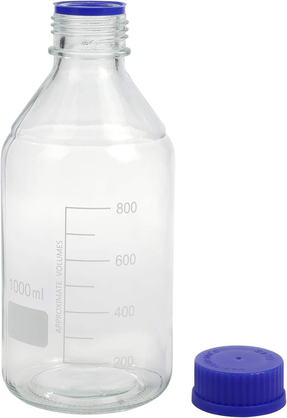 Lab Media Storage Round Bottles Graduated Glass Container GL45 Screw Cap Leakproof Multi-Purpose for Scientific | 1000ml pack of 4 (Blue)