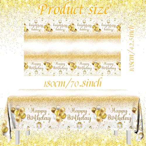 Image of Happy Birthday Tablecloths - Gold & White Party Decorations, 3pcs Disposable Table Covers for Indoor /Outdoor Birthdays
