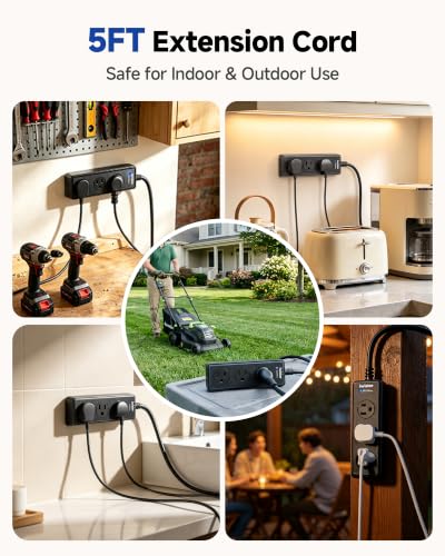 Image of Outdoor Power Strip Weatherproof, 3 AC Outlets, 1625W /13A High-Power Single-Device Use, IPX6 Waterproof Extension Cord for Backyard, Patio, Home Office, Garage, Workshop, Camping, 5FT