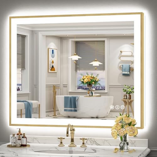 Image of 44x36 Gold LED Bathroom Mirror with Lights, Backlit & Front Lit | Brushed Gold Framed, Anti-Fog Lighted Vanity Mirror, Dimmable, 3-Color Temp, Memory, CRI95, HD Tempered Glass, UL Listed
