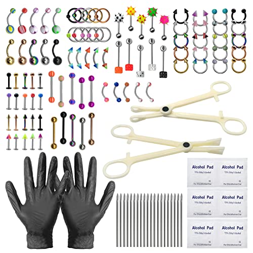 120pcs Ear Piercing Jewelry Kit, Stainless Steel Ear Studs with 14g 16g Piercing Needle Belly Button Ring Nose Lip Tongue Eyebrow Tragus Nipple Cartilage Barbell Rings Professional Body Piercing Tool