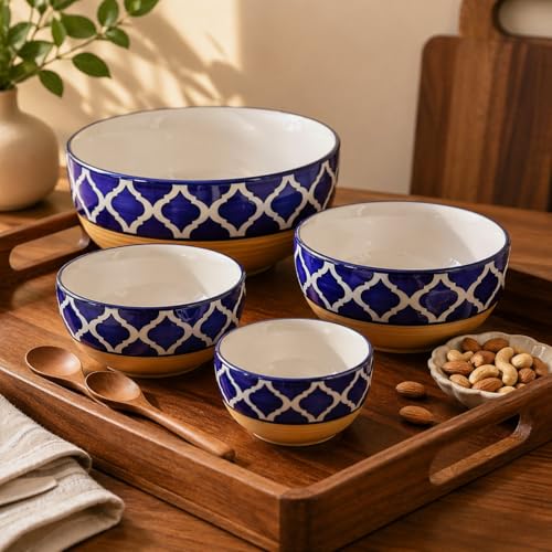 Image of Ceramic Mixing Bowl Set 4 Pieces Yellow Blue - 1500ML 800ML 600ML 400ML Microwave Dishwasher Safe for Mixing Serving Storage
