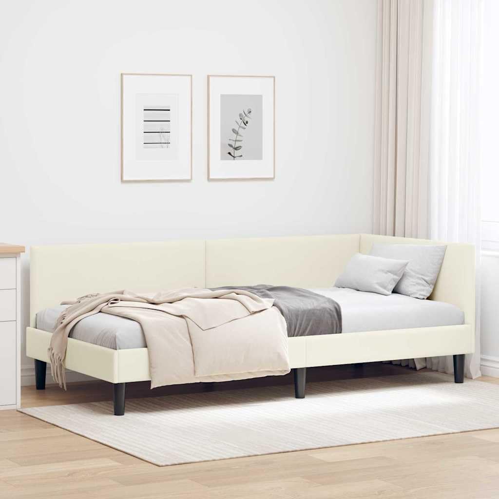 Telaio per letto angolare con testiera color crema, 100 x 200 cm, a forma di L, salvaspazio come divano o letto, design moderno, robusto telaio in legno per camera dei ragazzi, camera degli