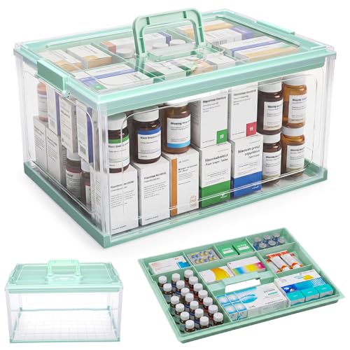 Image of Hushee 24QT Clear Medicine Storage Box for First Aid Supplies,Green | Removable Tray and Handle Design for Home, Travel and Emergency Supply Organization