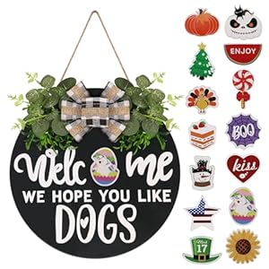 Interchangeable Wooden Seasonal Welcome Sign, Rustic Round Dogs Sign Front Door Wreaths for Home/Wall/Porch Decor, for Easter Spring Summer Fall Halloween Christmas All Season Decorations Interchangeable Wooden Seasonal Welcome Sign Rustic Round Dogs Sign Front Door Wreaths for HomeWallPorch Decor for Easter Spring Summer Fall Halloween Christmas All Season Decorations
