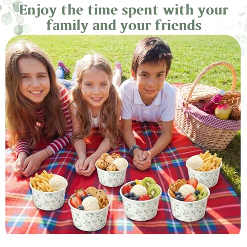 Image of Funnymoom 50 Pack Sage Green Ice Cream Cups 9 oz Eucalyptus Leaf Disposable Dessert Bowls Paper Soup Bowls Eucalyptus Floral Snack Cups for Hot or Cold Food for Greenery Baby Shower Wedding Birthday