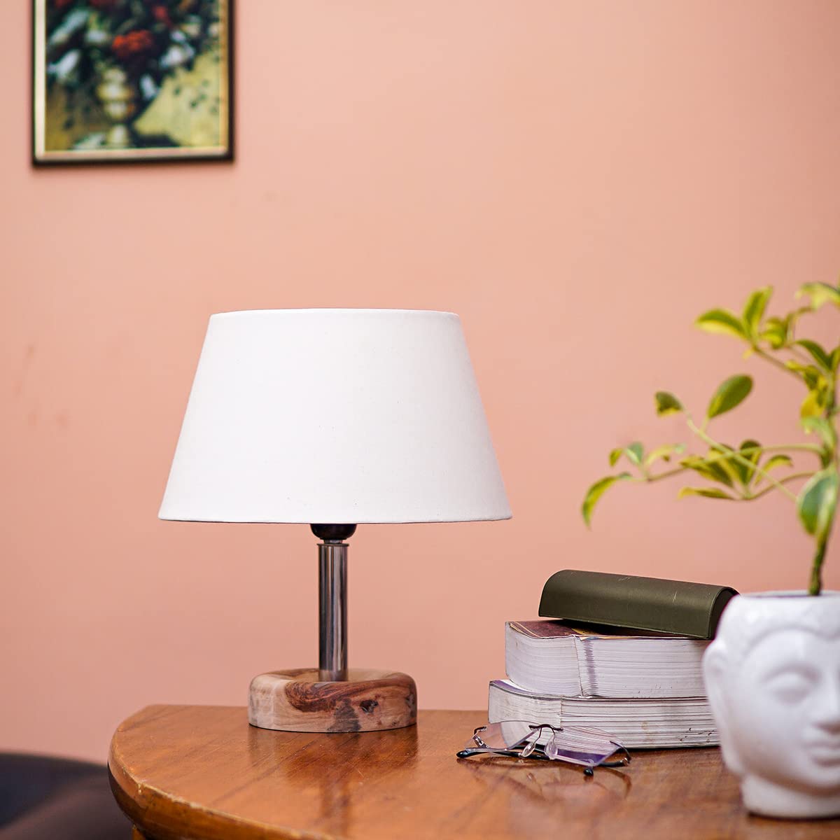 PineCraft International Edra Table Lamp with Shade Night Lamp for Living Room, Study Room, Bedroom & Home Decor Gift Item 12 inch Height Wooden Study Lamp with Off White Shade, 1 Piece