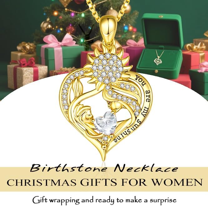 Heart Necklaces for Women Gold, You Are My Sunshine Sunflower Necklace Wedding Anniversary Birthday Christmas Gifts for Wife Mom,14K 18K White Gold Everyday Jewelry with Heart Birthstone Pendant - Image 4