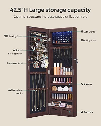 Songmics Hanging Jewelry Cabinet, Wall-Mounted Cabinet With Led Interior Lights, Door-Mounted Jewelry Organizer, Full-Length Mirror, Gift Idea, Brown Ujjc99Br #TOP4