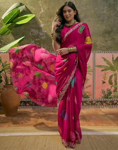 Image of SIRIL Women's Chiffon Scalloped Border Sequins Embroidery Saree with Unstitched Blouse Piece