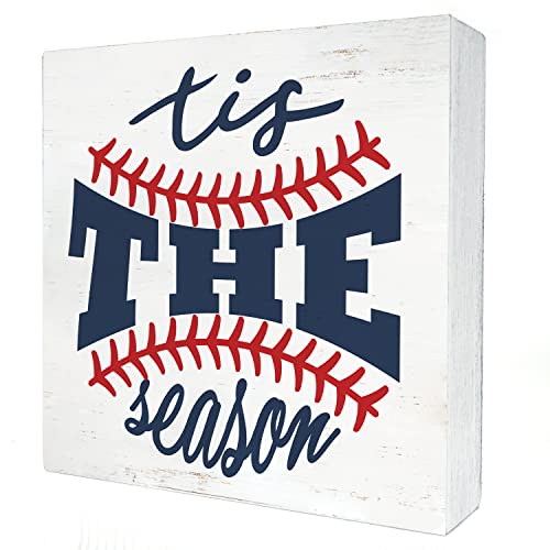 Tis the Season Baseball Wood Box Sign Home Decor Rustic Baseball Lovers Wooden Box Sign Block Plaque for Wall Tabletop Desk Decoration