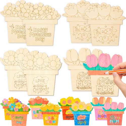 Weysat 8 Pcs Mother's Day Paint Craft Kits Wood Fridge Magnet Color Your Own Mom Frame Floral Flowers DIY 3.54 x 3.54 Inches/ 9 x 9 cm Inch Blank Picture Photo Magnetic Tabletop Home Decor