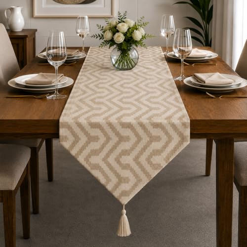 Image of STITCHNEST 'Nomad Weave Collection' Jacquard Table Runner 13x72 Inches| Tassel Finish | Modern Dining Table Decor