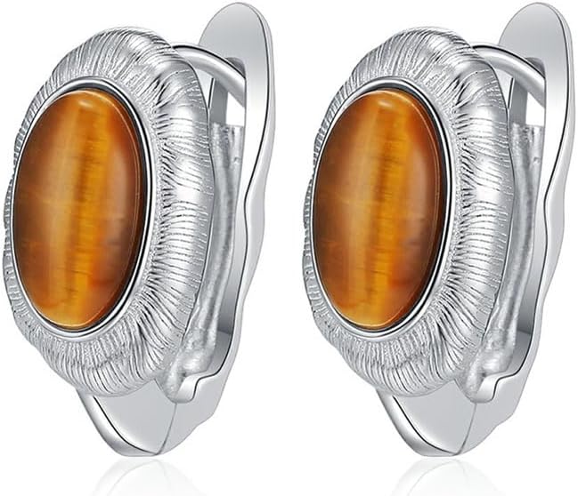 Clip on Hoop Earrings Sterling Silver Tigerite Vintage Natural Gemstones Chunky for Women
