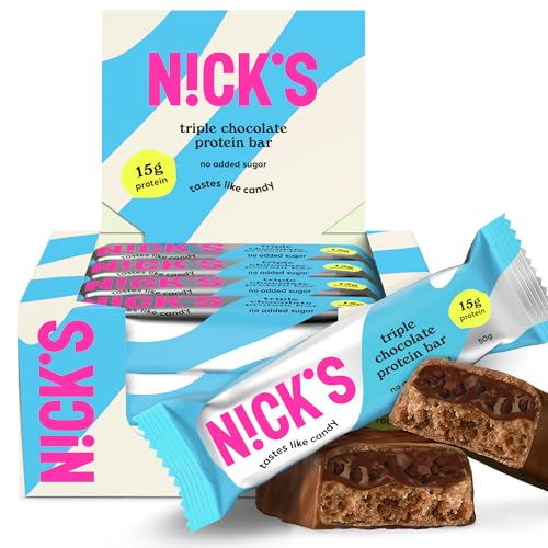NICKS Barritas de Proteínas de Triple chocolate, baja en carbohidratos, 15g de proteínas, 202 calorías, low carb, ceto barras proteicas, sin azúcar añadido, sin gluten (12 keto protein bars x 50g)