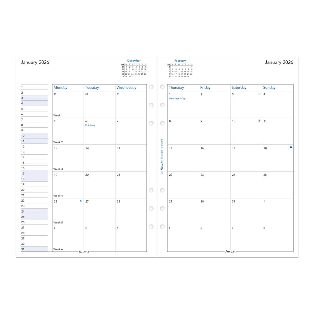 Filofax Calendar Diary Refill, A5 Size, Month-to-View, White Paper, English, 2026 (C68510-26)