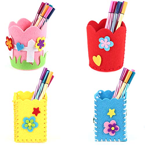 4 PCS Hand Stitch Sewing Kit for Kids DIY Felt Pens Holder Pencil Container Stationery Organizer with Safety Needle Thread for Beginner Children Kids (Random Pattern)